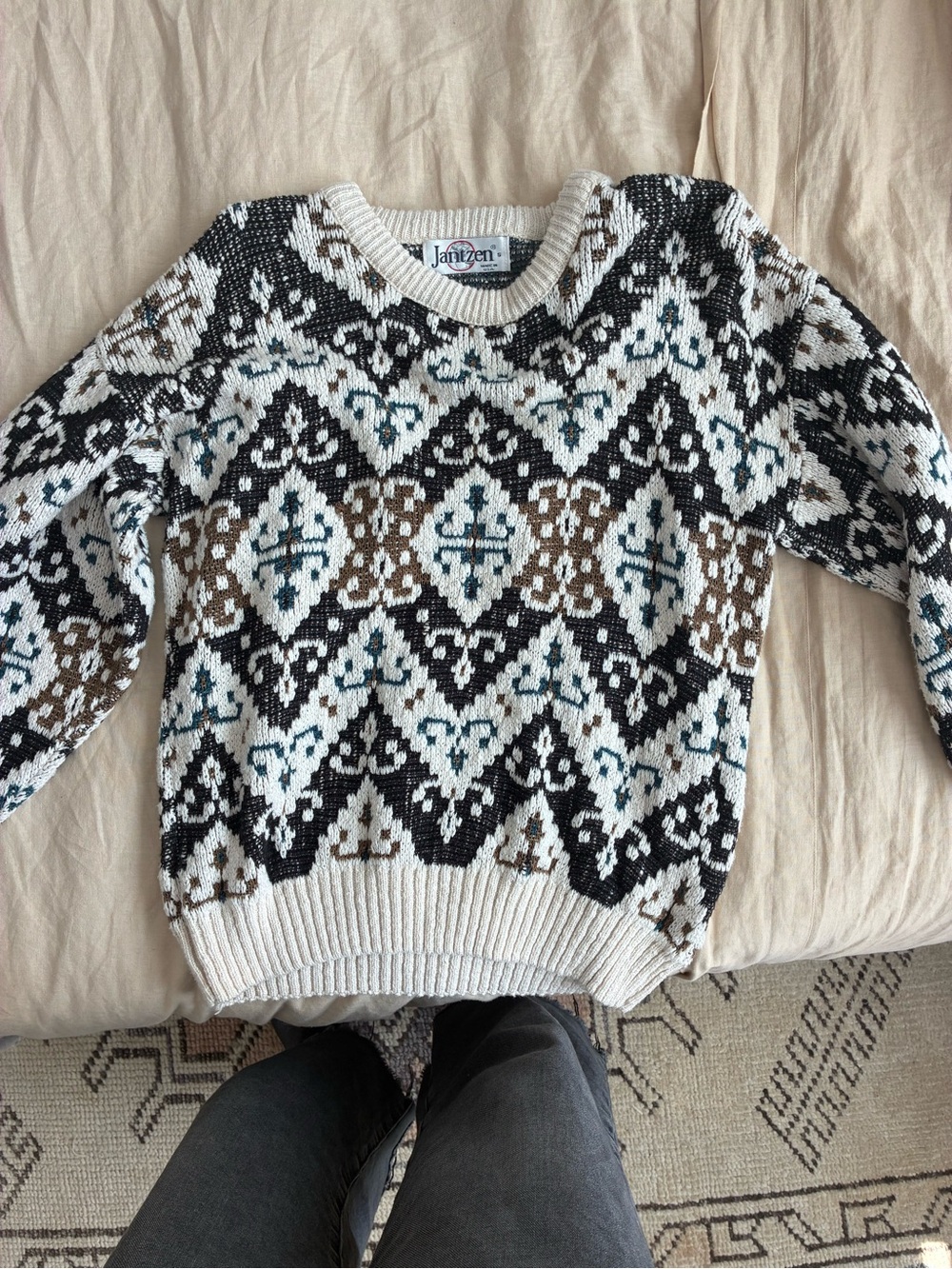 Jantzen Cream, Black & Brown Fair Isle Crewneck Sweater